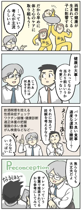 四コマ漫画。「両親の健康が生まれてくる子に影響する だから早めに体と心のケアに取り組もう!…っていう考えが主流らしいよ」と語るワイシャツ姿の男性A。「健康が大事… それってなんかあたり前というか今更じゃない?」と返す同じくワイシャツ姿の男性B。男性A「じゃあ具体的には何をする?」男性B「バランス良い食事 適度な運動と睡眠…?え~っと…あと…」男性A「それに加えて妊娠を考えるなら…飲酒喫煙を控える 性感染症チェック ワクチン接種・健康診断 適正体重の把握 葉酸の多い食事 がん検査などなど…」男性B「そんなにいっぱい汗」男性A「焦らなくても大丈夫だよ プレコン(Preconception)っていう言葉で推奨されてるから参考にしてみて」男性B「なるほど」