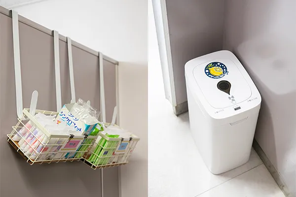 トイレの個室の生理用品収納、タッチレスサニタリーボックス