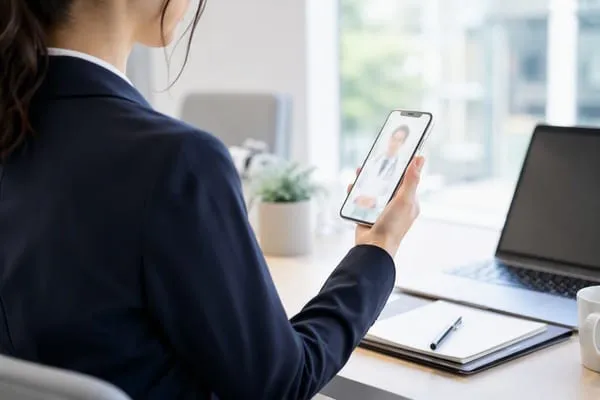 オフィスのデスクで、医師が映るスマートフォンの画面を見ながらオンライン診療を受ける女性。