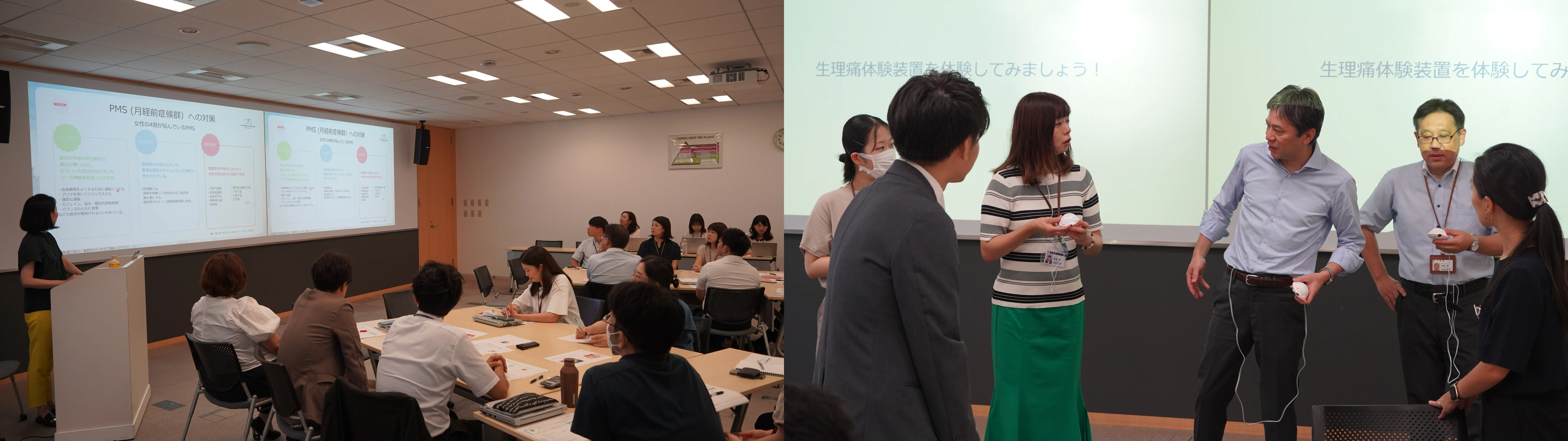 研修の座学を受けている従業員と、生理痛VR体験装置を装着している従業員