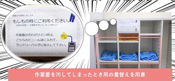 作業着を入れる棚に「着替えを用意しました もしもの時にご利用ください。作業着の汚れがひどい時は、こちらのビニール袋に入れて、ランドリーバッグに投入してください。」と掲示してある