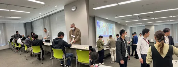 生理痛体験会の写真。2枚をコラージュしており、椅子に座って何らかの器具を使用したり、係の人に誘導されて何かを見ていたりする