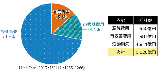 生理に伴う社会の経済的負担を示す円グラフ。概要は本文にも記載。通院費用が13.6%で推計930億円、市販薬費用が14.5%で推計987億円、労働損失が71.9%で4,911億円、総計6,828億円。(J Med Econ. 2013;16(11):1255-1266)